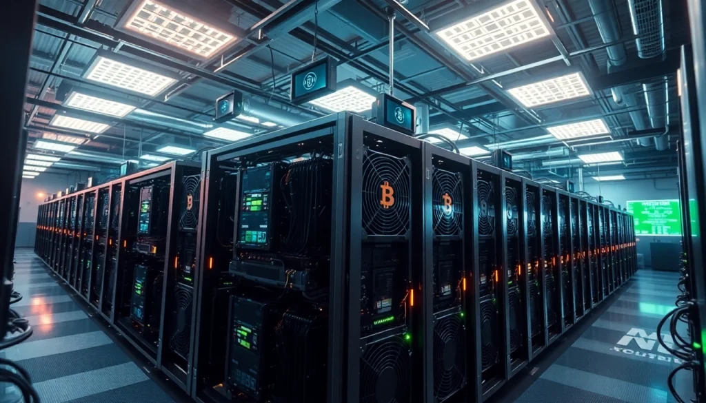 Bitcoin mining farm showcasing advanced ASIC miners and real-time data displays.