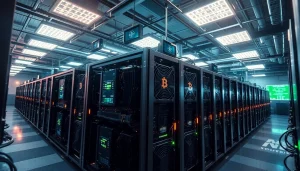 Bitcoin mining farm showcasing advanced ASIC miners and real-time data displays.