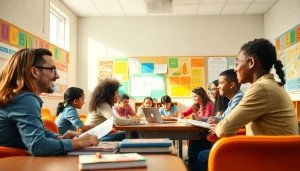 Education focused classroom where students collaborate on projects using innovative resources.