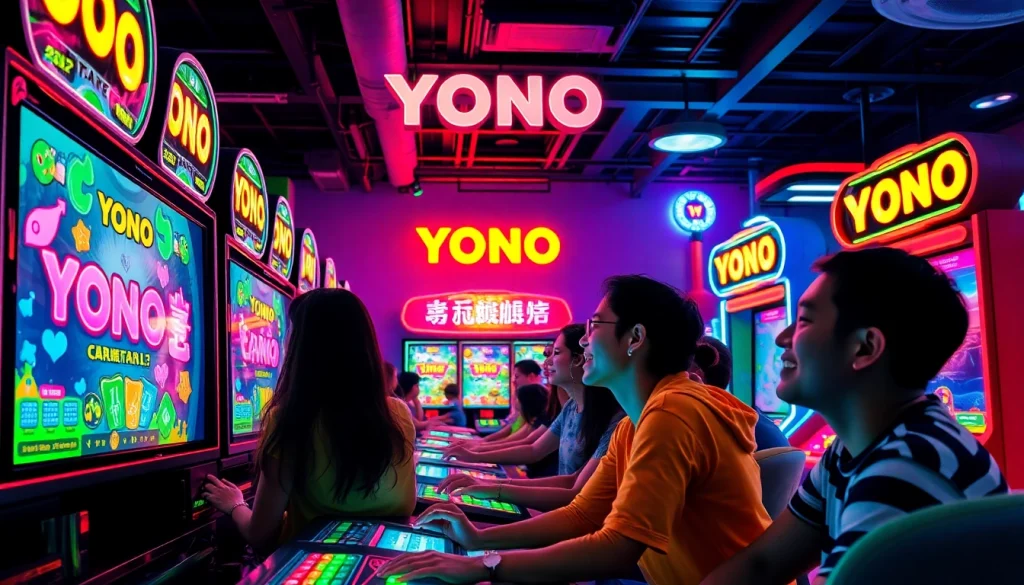 Explore Yono games at a vibrant arcade, showcasing players immersed in gaming excitement.