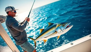 Engaging Wahoo fishing Cabo San Lucas scene with an angler catching a fish against a vibrant ocean backdrop.
