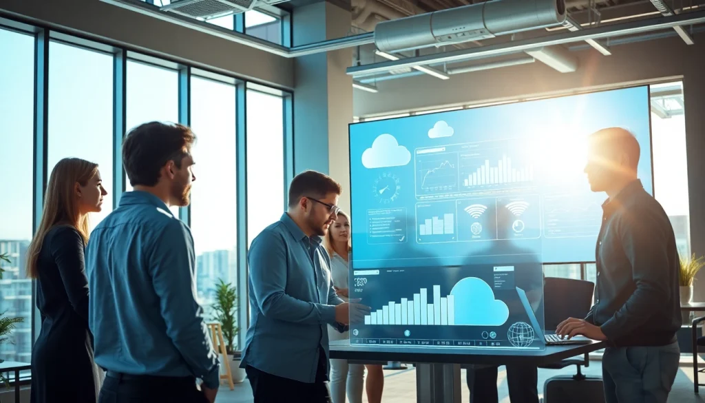 Professionals collaborating on cloud technology solutions in an office, representing Cloud Services Tampa.