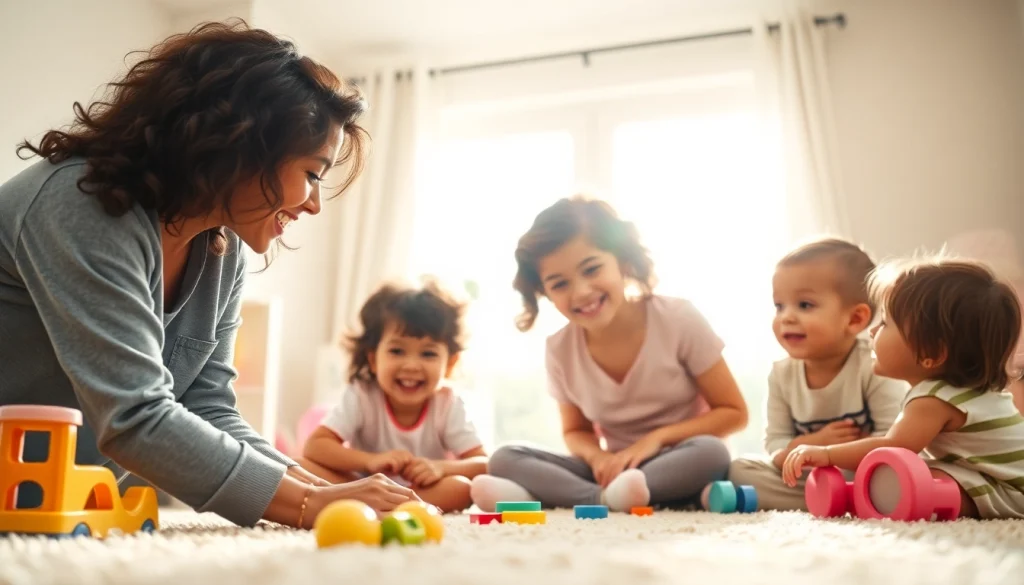 Engaging nanny in Dubai interacting joyfully with children in a playful and bright space.