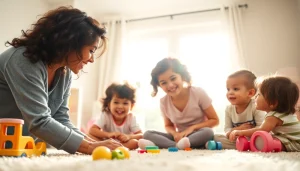 Engaging nanny in Dubai interacting joyfully with children in a playful and bright space.