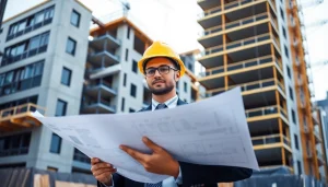 Manhattan Commercial General Contractor managing an urban construction project with blueprints in hand.