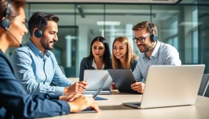 Managed IT support team collaborating effectively in a modern office setting.