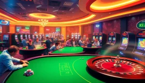 KJC AC 3 vibrant casino scene showcasing players at tables, poker chips, slot machines, and roulette wheels.