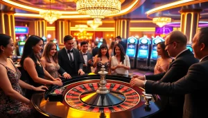 Engage in the excitement of a roulette game as players cheer, bringing to life "Nếu như vậy bám vào đây" in a vibrant casino atmosphere.