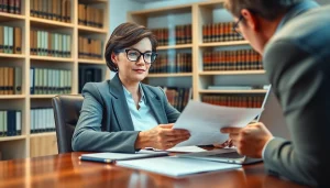 Engaging intellectual property lawyer consulting with a client in a professional office.