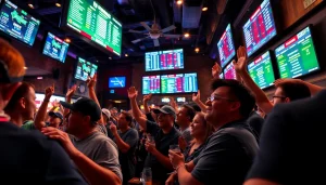 Engaged fans celebrating Georgia sports betting in a lively sports bar atmosphere.