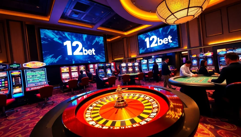 Exciting gambling scene featuring 12bet logo on a roulette wheel with vibrant tables.