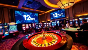 Exciting gambling scene featuring 12bet logo on a roulette wheel with vibrant tables.