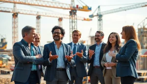 Engaged professionals in construction advocacy Carolinas discussing initiatives at an outdoor event.