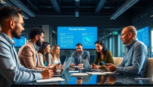 Professionals discussing phone number verification processes in a modern office.