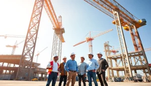 Inspecting structural steel construction site with cranes and engineers collaborating.