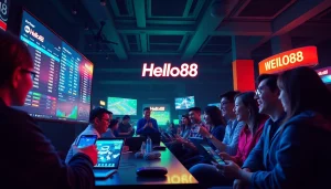 Hello88 online gaming platform showcasing dynamic sports betting interface and engaged users.