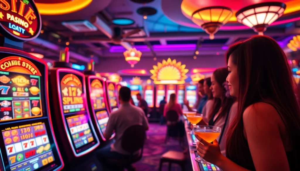 Menangkan slot deposit 1k dengan suasana kasino yang ceria dan mesin slot berkilauan.