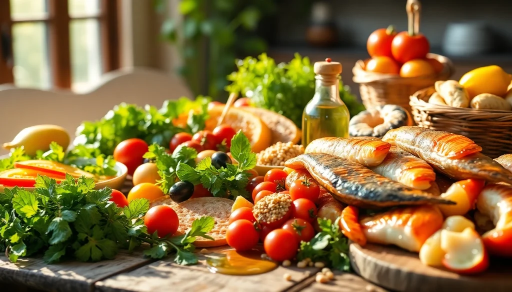 Delicious Mediterranean diet spread with fresh vegetables, olive oil, and whole grains.
