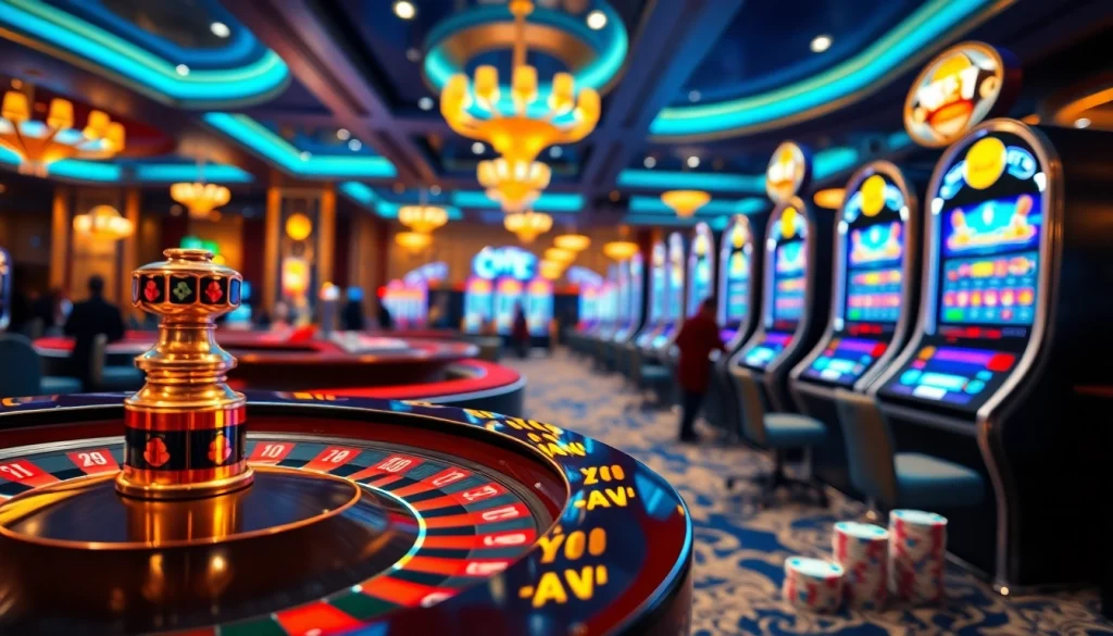 Experience thrilling gaming action at Nhà cái F8BET, featuring vibrant casino tables and engaging slot machines.