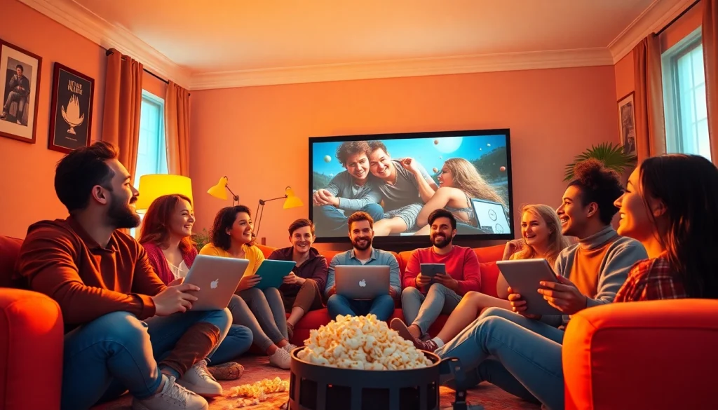 Friends enjoying filme noi together while watching films online in a cozy living room.