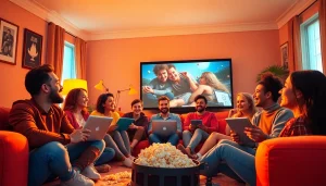 Friends enjoying filme noi together while watching films online in a cozy living room.