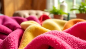 Fleece fabric samples showcasing various textures and colors in a warm setting.