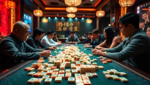 Permainan demo mahjong dengan pemain yang antusias di lingkungan yang ceria.