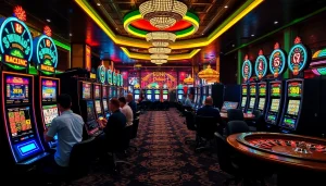 Experience the excitement of birutoto with players at vibrant casino slot machines.