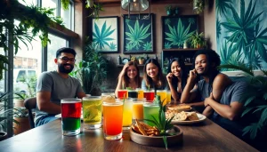 Café de cannabis accueillant avec amis partageant un moment convivial et délicieux.