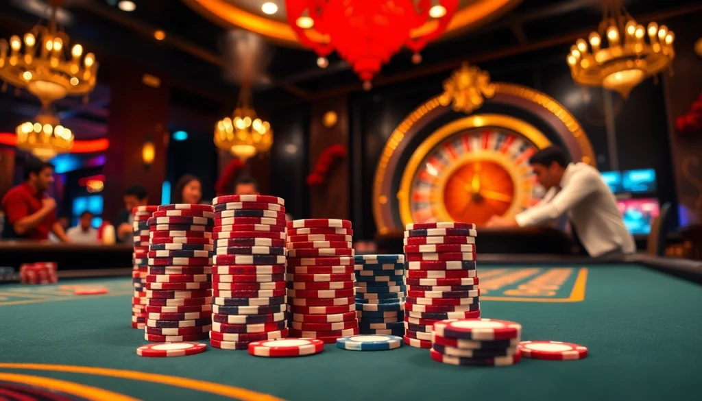 Trải nghiệm sự hứng khởi của trò chơi tik88 với những chiếc chip poker rực rỡ và bàn roulette.