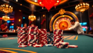 Trải nghiệm sự hứng khởi của trò chơi tik88 với những chiếc chip poker rực rỡ và bàn roulette.