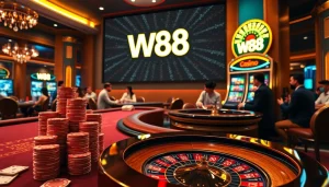 Người chơi tận hưởng trải nghiệm casino W88 đầy hứng khởi tại bàn chơi động và máy đánh bạc.