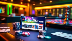 The indibet.com app interface showcased on a smartphone with casino elements like poker chips and roulette.