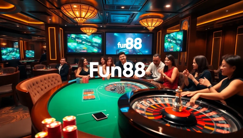 Players engaging at a vibrant casino table featuring the Fun88 link, highlighting excitement and professionalism.