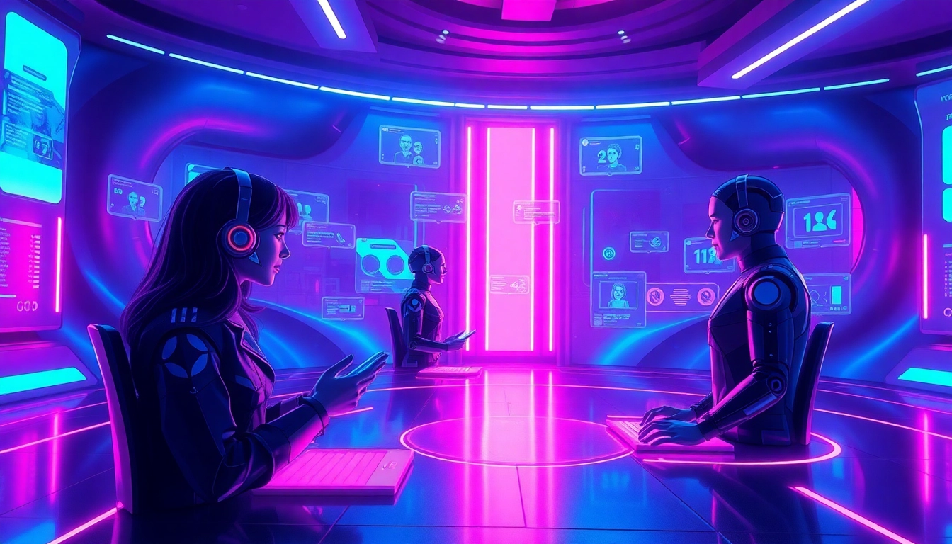 Engaging characters in an immersive character AI NSFW chat interface, showcasing futuristic technology and vibrant colors.