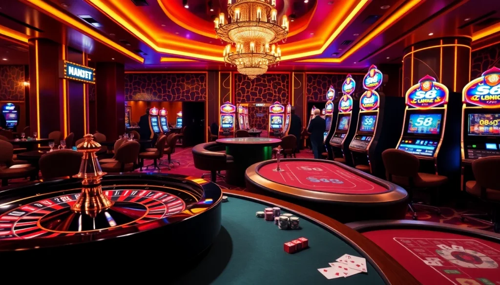 Experience the thrill of S8 casino gaming with elegant tables and vibrant slot machines.