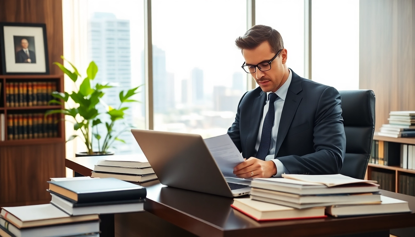 Miami-Dade County litigation Lawyer reviewing legal documents in a bright office setting.