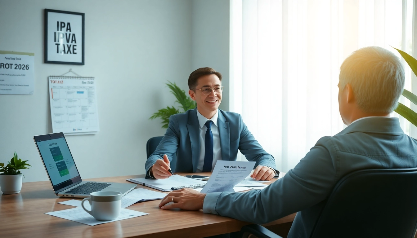 Visual representation of a financial consultant assisting with IPVA GO 2026 payments, conveying professionalism and trust.