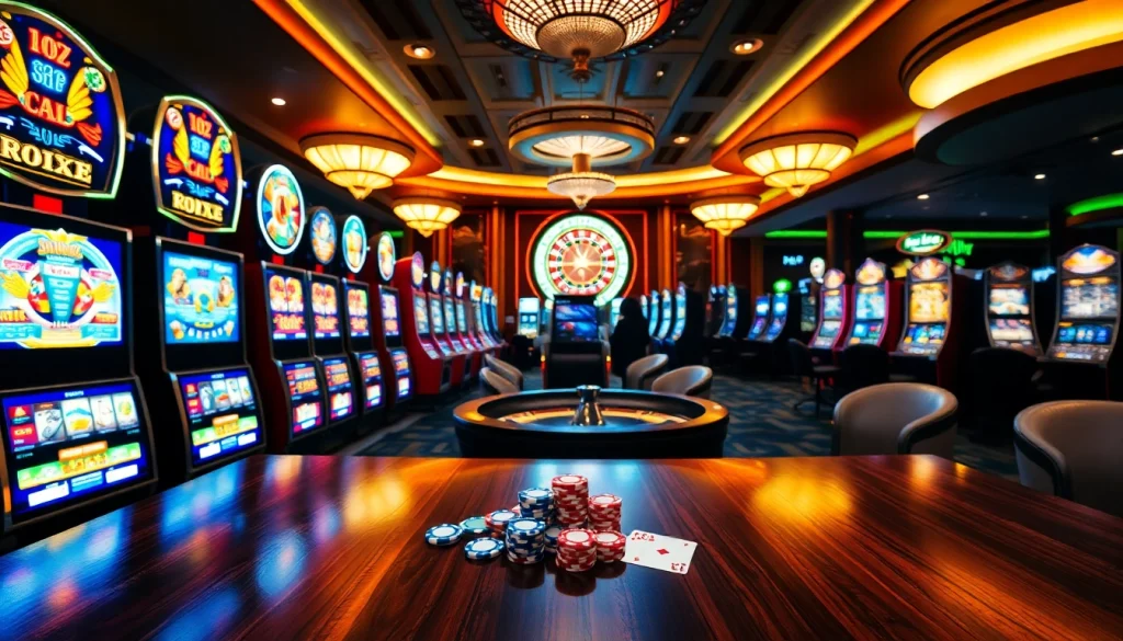 Rasakan sensasi menang dengan slot depo pulsa dalam adegan kasino yang ramai, menampilkan mesin slot.