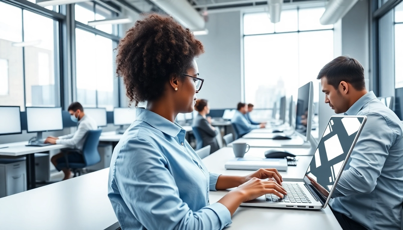 Enhancing productivity at a typing center, showcasing individuals focused on typing and collaboration.