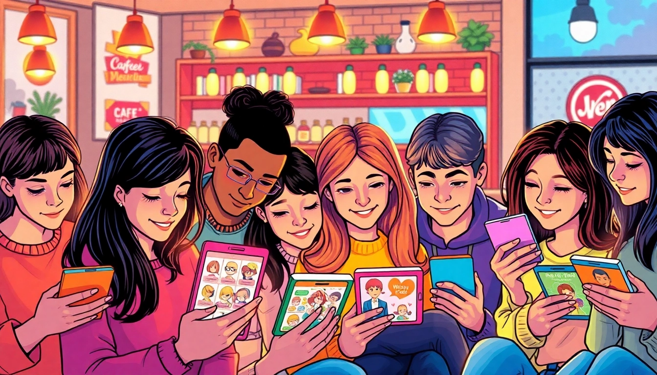 무료웹툰을 즐기는 청년들이 있는 카페의 생동감 넘치는 장면