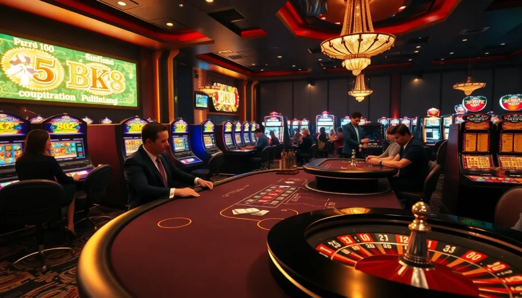 Exciting BK8 casino scene showcasing professional gaming tables and vibrant slot machines.