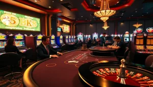 Exciting BK8 casino scene showcasing professional gaming tables and vibrant slot machines.