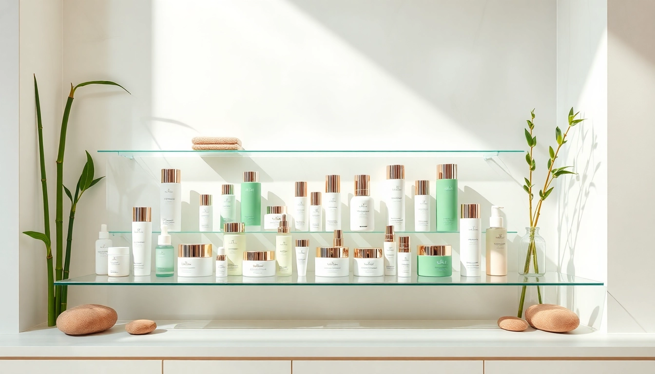 Kosmetika elegant products displayed on a clean shelf with natural decor.