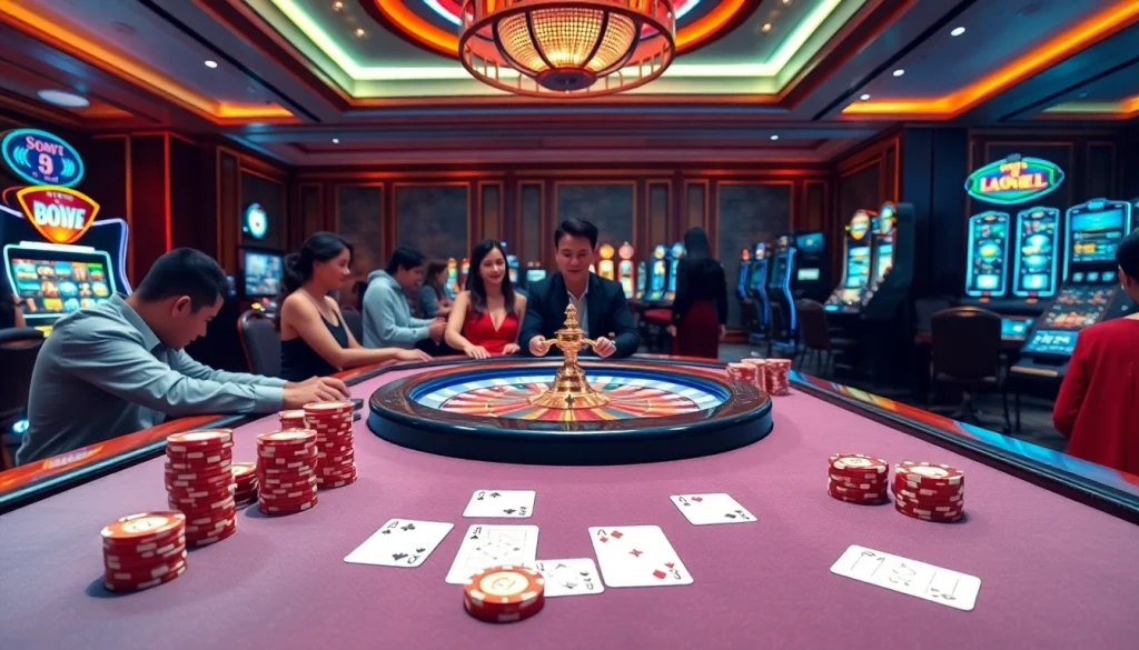 Engaging sbobet players at a luxurious poker table with vibrant casino elements.