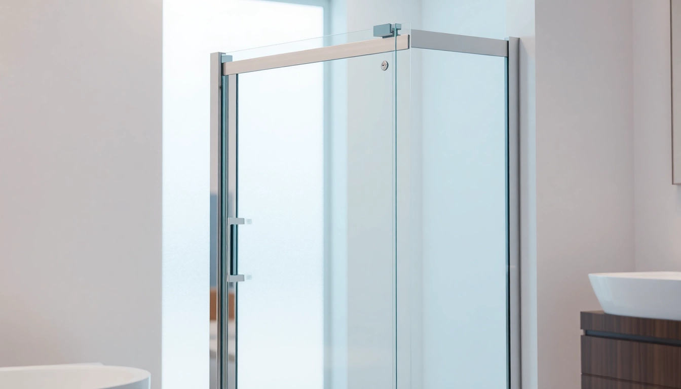 Showcase a sleek shower screen door in a modern bathroom emphasizing clarity and elegance.