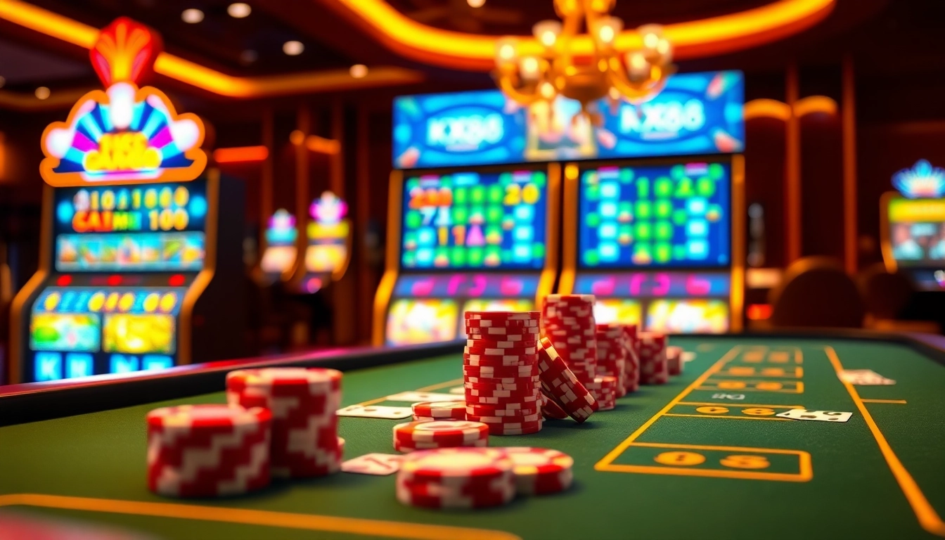 Experience thrilling gaming action with kjc xx88 in a vibrant online casino setup filled with tables and slot machines.