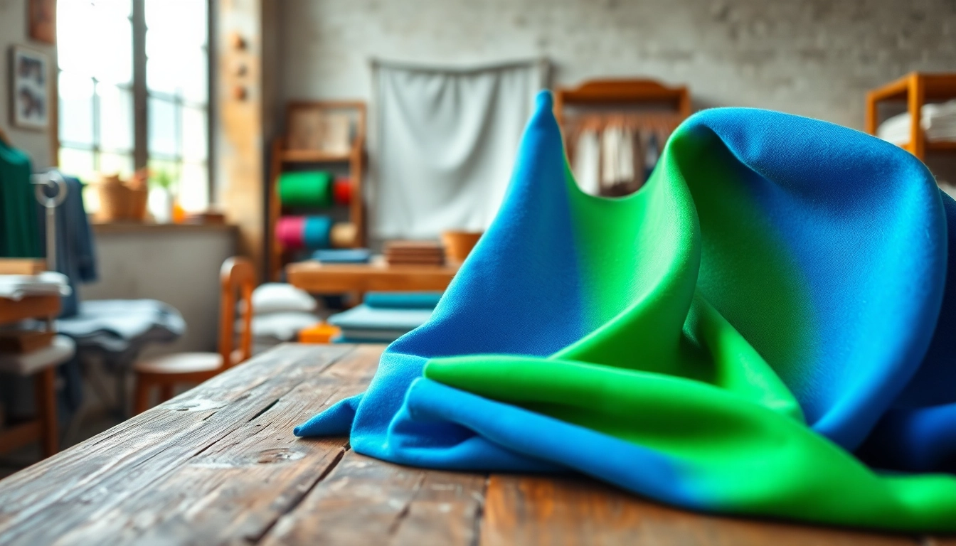 Stretch katoen stof in een kleurrijke textielwerkplaats, benadrukt de kwaliteit en flexibiliteit.