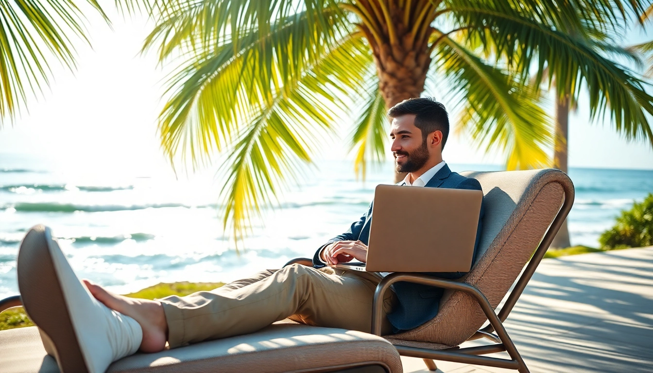 Entrepreneurs break: A professional entrepreneur enjoys a serene outdoor break by the ocean.