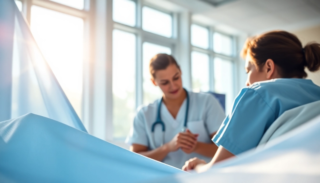 Nurse showcasing verpleegkundige katoen stof in a warm hospital setting.